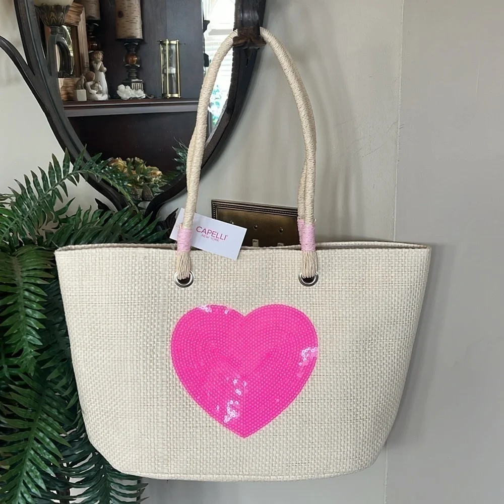 Brand New Capelli Straw Shoulder Bag Sequined Pink Heart Tote Snap Close Natural